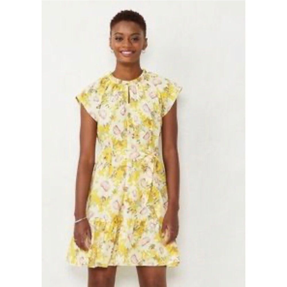 Lauren Conrad Women Yellow Floral Ruffle Neck Cap Sleeve Dress Size XL